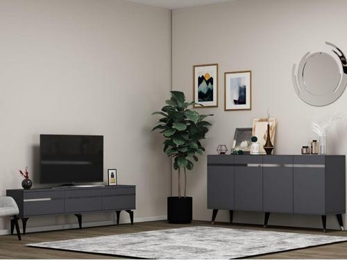 Defne 180 Cm Tv Sehpası Ve Konsol 2'Li Salon Takımı Antrasit-Gümüş
