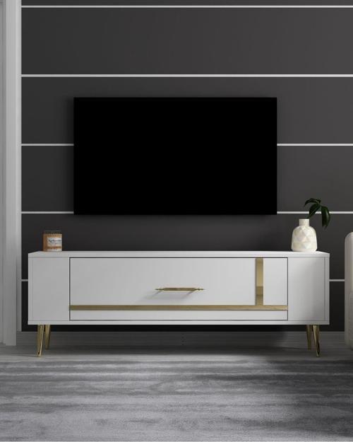 Retrop1Ct Tv Sehpası Beyaz-Altın