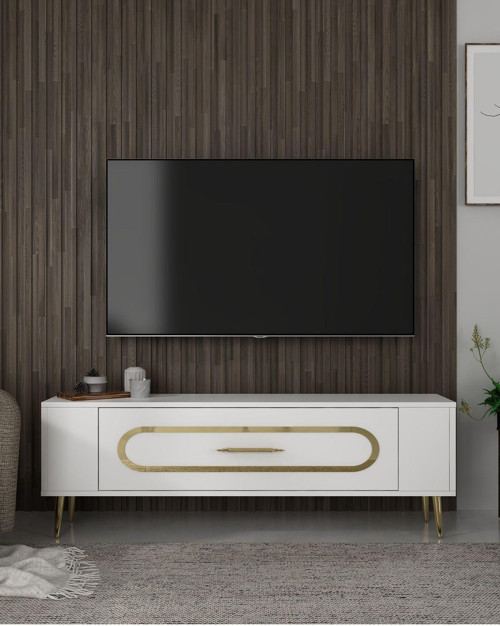 Retrop3Ct Tv Sehpası Beyaz-Altın