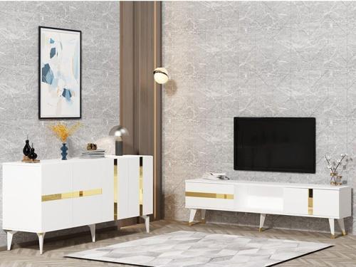 Vannia Tv Sehpası Ve Konsol 2'Li Salon Takımı Beyaz-Altın