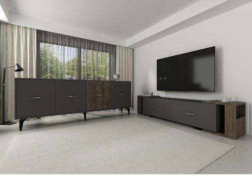 Veryct 180 Cm Konsol (Kx180) Ve Tv Sehpası 2'Li Salon Takımı Antrasit-Ceviz