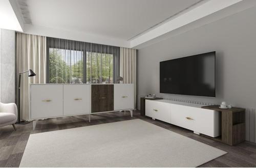Veryct 180 Cm Konsol (Kx180) Ve Tv Sehpası 2'Li Salon Takımı Beyaz-Ceviz
