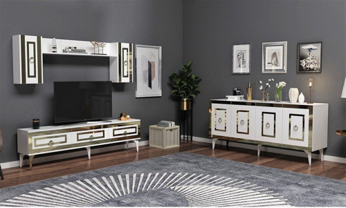 Karrya 180 Cm Tv Ünitesi Ve Konsol 2'Li Salon Takımı Beyaz-Altın