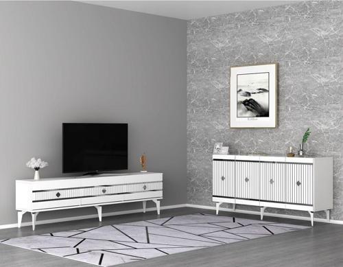 Lenora Tv Sehpası (Alt Modül) Ve Konsol 2'Li Salon Takımı Beyaz-Gümüş