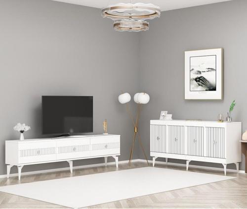 Midas 180 Cm Tv Sehpası (Alt Modül) Ve 4 Kapaklı Konsol 2'Li Salon Takımı Beyaz-Gümüş