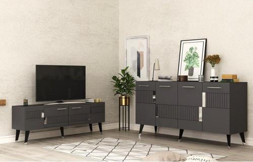 Modda Tv Sehpası,Konsol 2'Li Salon Takımı Antrasit-Gümüş