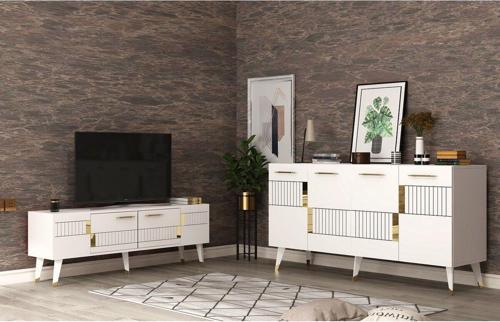 Modda Tv Sehpası,Konsol 2'Li Salon Takımı Beyaz-Altın