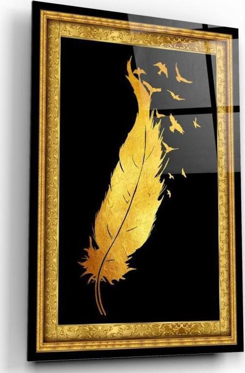Gold Tüy ve Kuşlar Cam Tablo | Hediyelik, Dekoratif, Ofis, Mutfak 