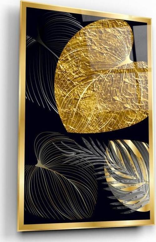 Gold Yapraklar Cam Tablo | Hediyelik, Dekoratif, Ofis, Mutfak 