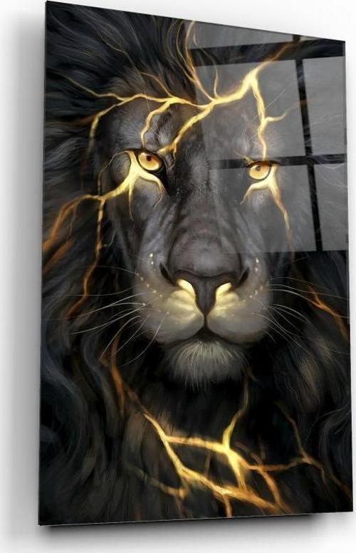 Gold Aslan Cam Tablo | Hediyelik, Dekoratif, Ofis, Mutfak 