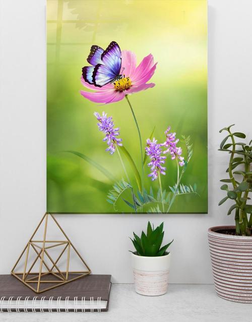 Pembe Çiçeğe Konan Mor Kelebek Cam Tablo | Hediyelik, Dekoratif, Ofis, Mutfak 