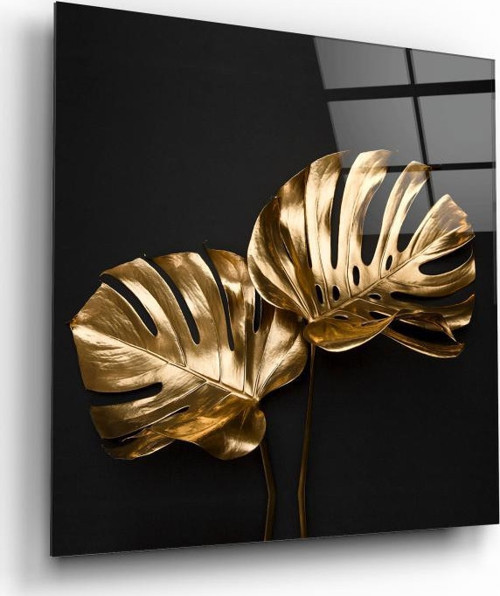 Gold Yapraklar Cam Tablo | Hediyelik, Dekoratif, Ofis, Mutfak