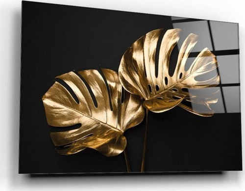 Gold Yapraklar Cam Tablo | Hediyelik, Dekoratif, Ofis, Mutfak