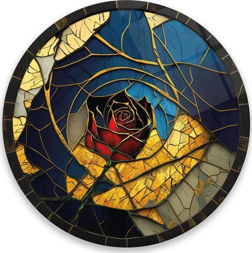 Gül Vitray Yuvarlak Cam Tablo | Hediyelik, Dekoratif, Ofis, Mutfak 