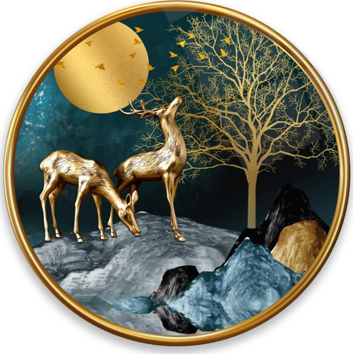 Gold Geyikler Yuvarlak Cam Tablo | Hediyelik, Dekoratif, Ofis, Mutfak