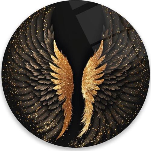 Gold Kanat Yuvarlak Cam Tablo | Hediyelik, Dekoratif, Ofis, Mutfak 