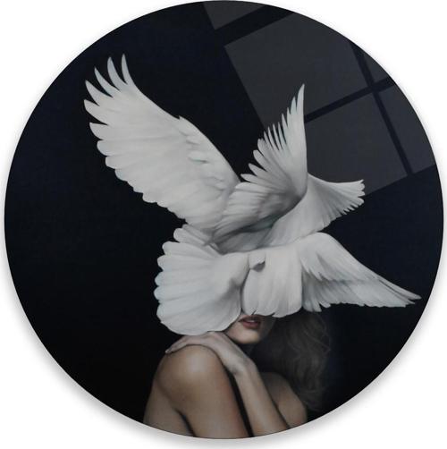 Kadın ve Güvercin Yuvarlak Cam Tablo | Hediyelik, Dekoratif, Ofis, Mutfak 