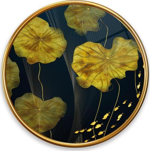 Gold Yapraklar Yuvarlak Cam Tablo | Hediyelik, Dekoratif, Ofis, Mutfak 