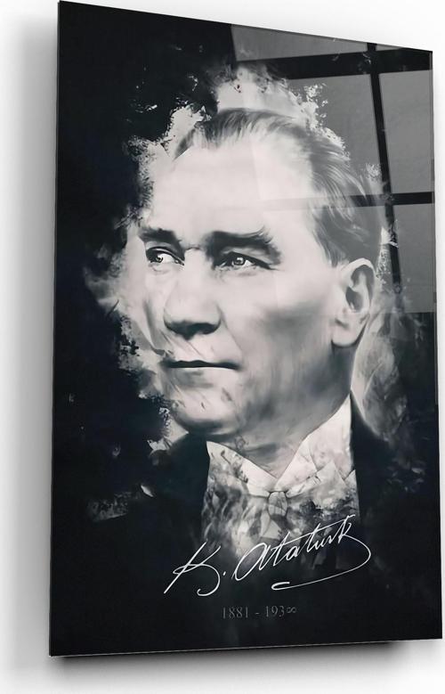 Atatürk Silüeti ve İmzası Cam Tablo | Hediyelik, Dekoratif, Ofis, Mutfak 