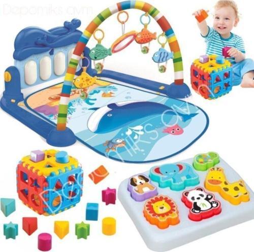 Piyanolu Bebek Oyun Halısı Aynalı Müzikli Işıklı + 3D Hayvanlar Bultak + Kare Bultak Eğitici Set