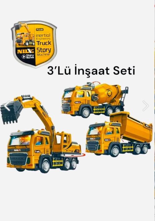 3 'Lü Oyuncak Metal Araç İnşaat Araçları Işıklı Sesli Tır Seti Seti