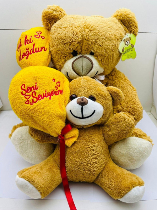 Iyi Ki Doğdun Balonlu Sevimli Peluş Ayıcık Ve Yavrusu