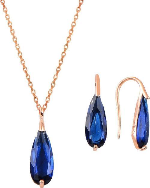 Gümüş rose lacivert taşlı damla kolye ve küpe ikili gümüş set [barcode]