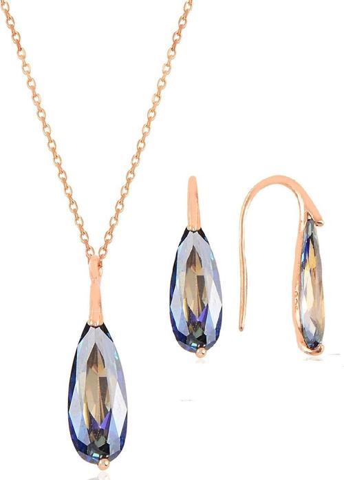 Gümüş rose mavi mistik  taşlı damla kolye ve küpe ikili gümüş set [barcode]