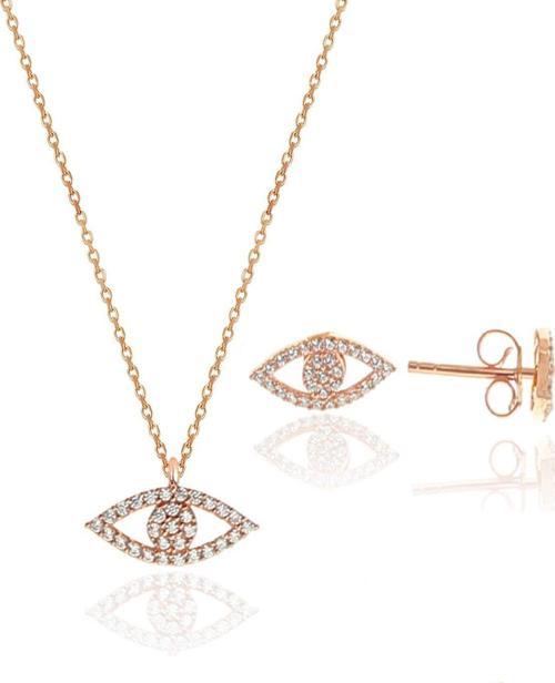 Gümüş rose zirkon taşlı göz kolye ve küpe gümüş ikili set [barcode]