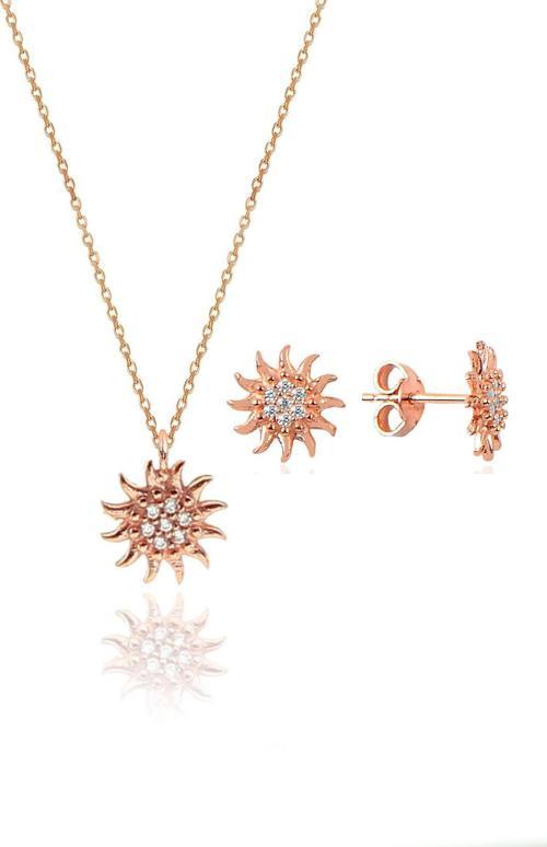 Gümüş rose zirkon taşlı güneş kolye ve küpe gümüş ikili set [barcode]