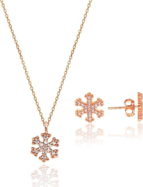 Gümüş rose zirkon taşlı kar tanesi kolye ve küpe gümüş ikili set [barcode]