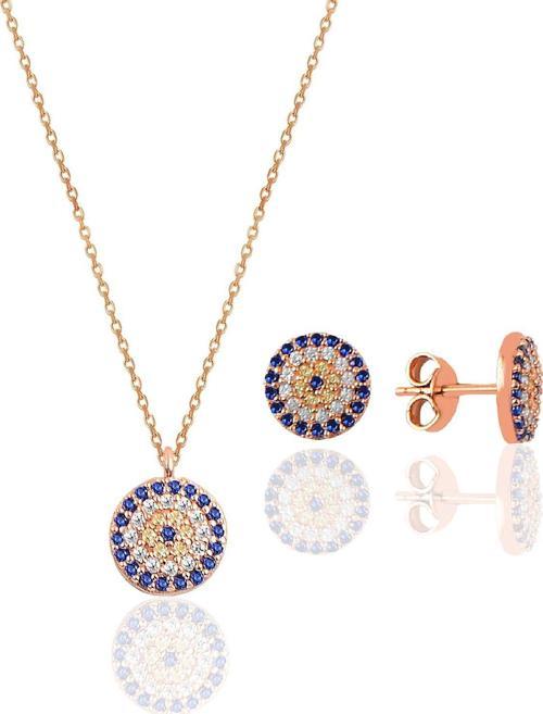 Gümüş rose zirkon taşlı nazar kolye ve küpe gümüş ikili set [barcode]