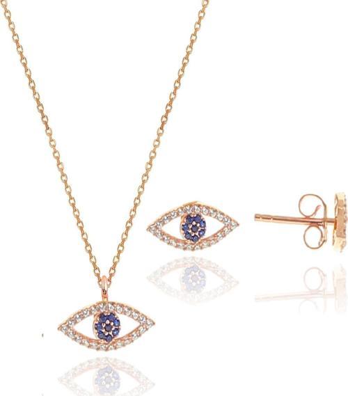 Gümüş rose zirkon taşlı safir göz kolye ve küpe gümüş ikili set [barcode]