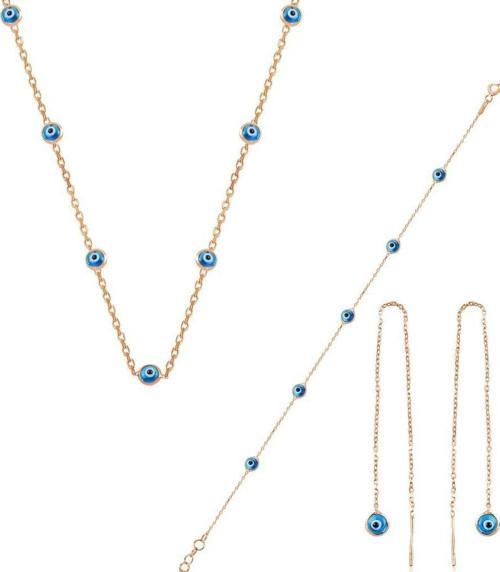 Gümüş rose,cam göz nazar kolye küpe ve bileklik  gümüş set [barcode]