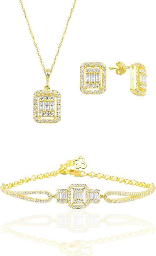 Gümüş altın yaldızlı baget taşlı kolye küpe ve bilezik  gümüş set [barcode]