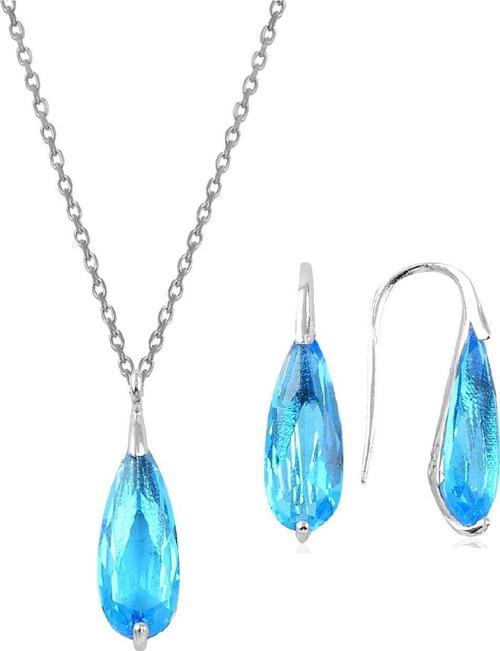 Gümüş rodyumlu  akuamarin taşlı damla kolye ve küpe ikili gümüş set [barcode]