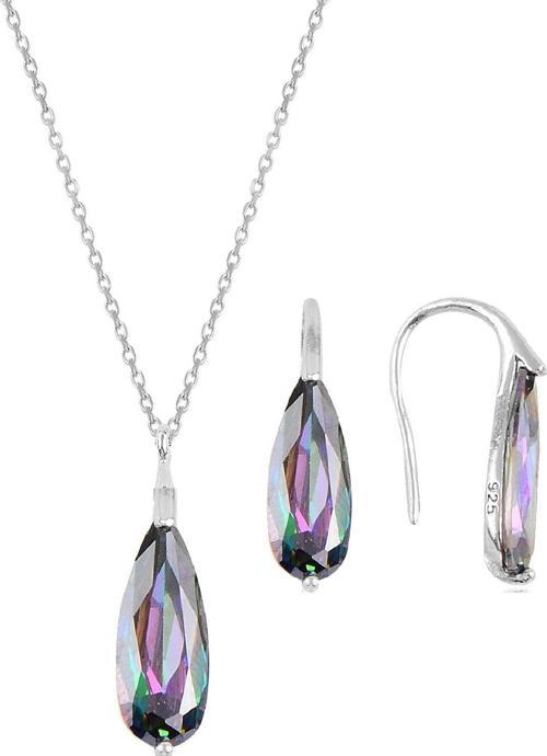 Gümüş rodyumlu  mistik  taşlı damla kolye ve küpe ikili gümüş set [barcode]