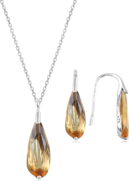 Gümüş rodyumlu  zultanit taşlı damla kolye ve küpe ikili gümüş set [barcode]