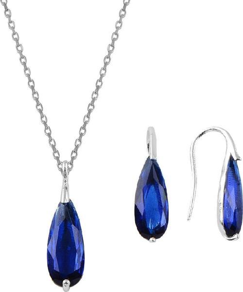 Gümüş rodyumlu lacivert taşlı damla kolye ve küpe ikili gümüş set [barcode]