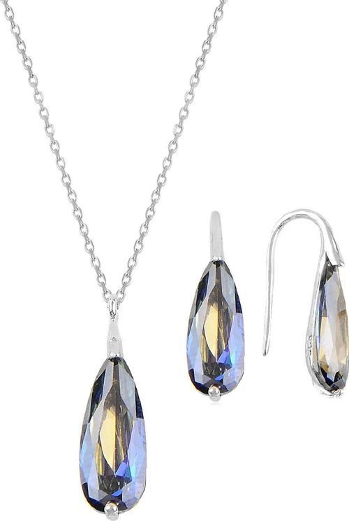 Gümüş rodyumlu mavi mistik  taşlı damla kolye ve küpe ikili gümüş set [barcode]