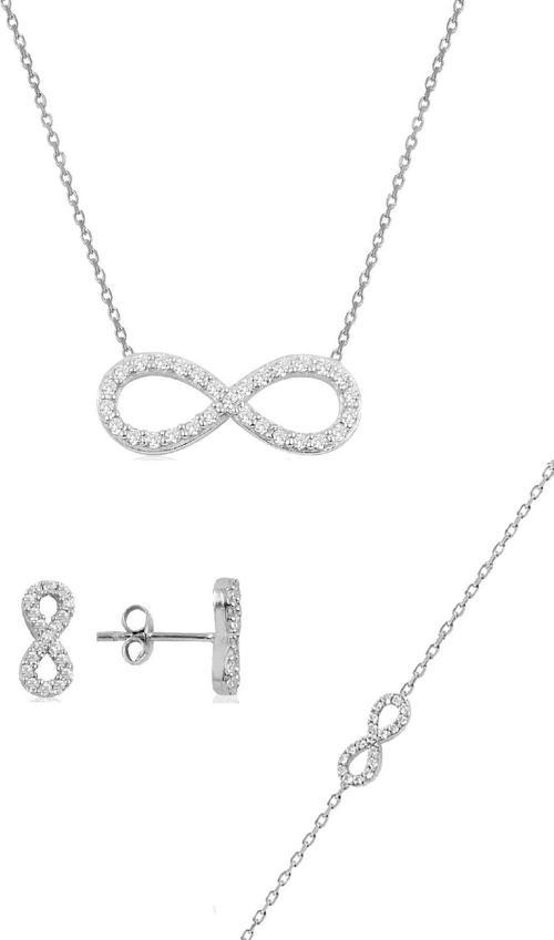 Gümüş rodyumlu sonsuzluk kolye bileklik ve küpe gümüş üçlü set  [barcode]