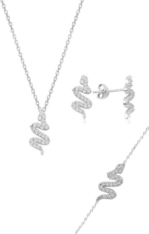 Gümüş rodyumlu zirkon taşlı gümüş yılan üçlü set [barcode]