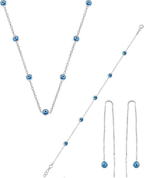 Gümüş rodyumlu,cam göz nazar kolye küpe ve bileklik  gümüş set [barcode]