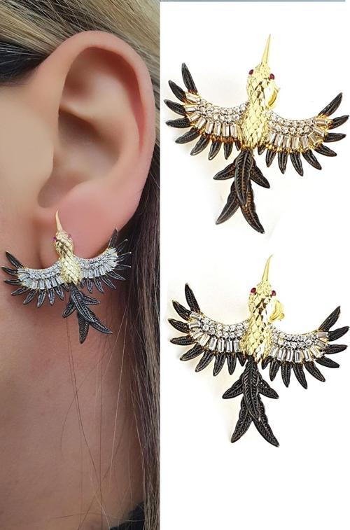 Zirkon Taş Detaylı 925ayar Gümüş Üzerine Altın Kaplama Luxury Tasarım Anka Kuşu Küpe