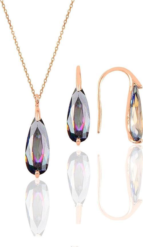Gümüş rose  mistik  taşlı damla kolye ve küpe ikili gümüş set [barcode]
