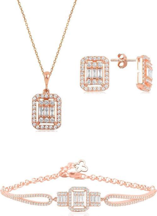 Gümüş rose baget taşlı kolye küpe ve bilezik  gümüş set [barcode]