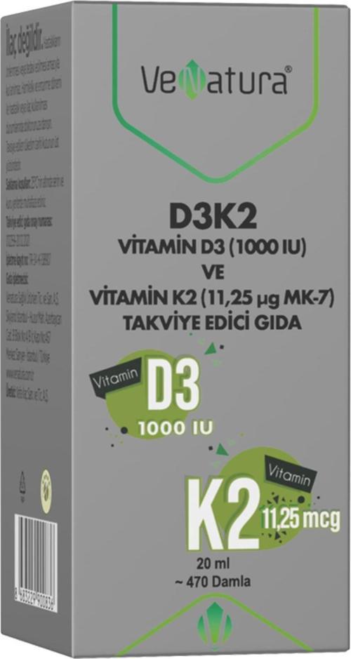 D3K2 Vitamin D3 Ve K2 (11,25 mcg MK-7) Damla 20 ml