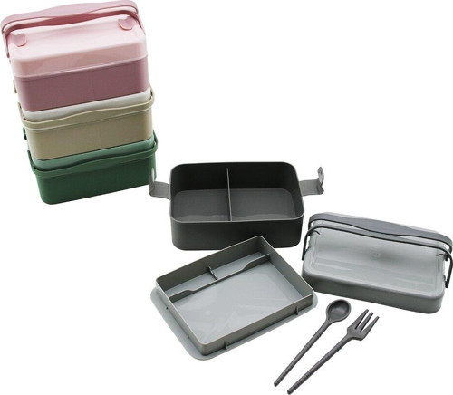 BESLENME KUTUSU 2+1=3 BÖLMELİ - ÇATAL - KAŞIK - ÇİFTLİ TAŞIMA KULP RENKLİ PLASTİK (3877)