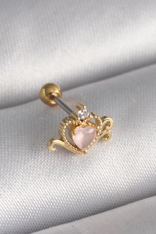 316L Çelik Gold Renk Pembe Mineli Kalp Zirkon Taş Detay Tragus Piercing - TJ-PR1260