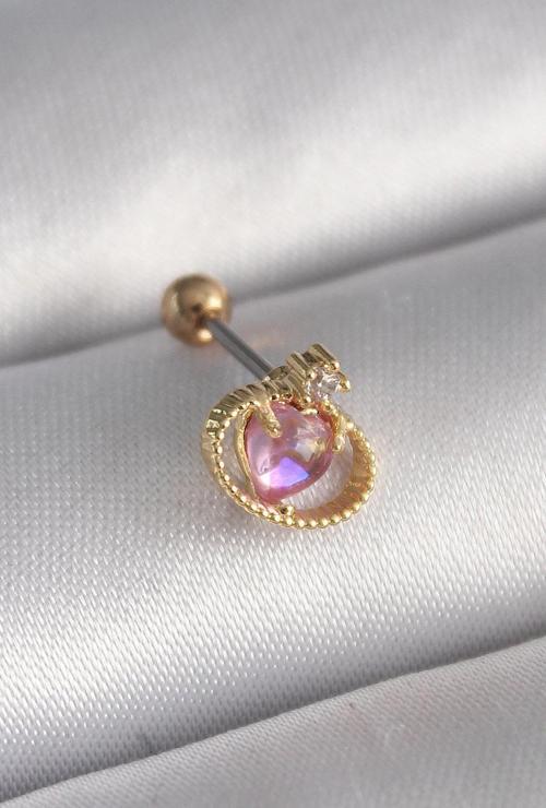 316L Çelik Gold Renk Pembe Mineli Kalp Zirkon Taş Detay Tragus Piercing - TJ-PR1272